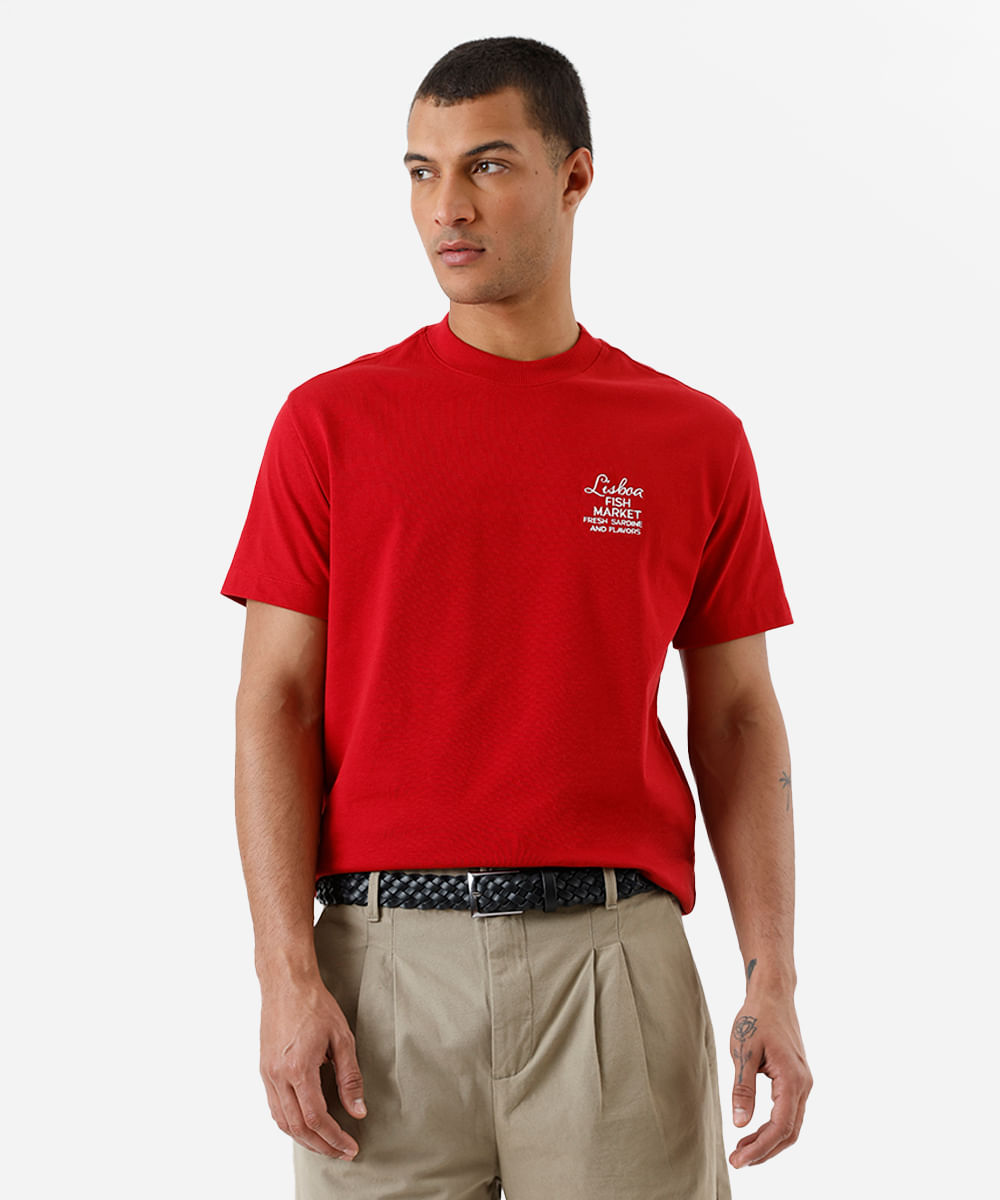 camiseta masculina de algodão bordado lisboa vermelha