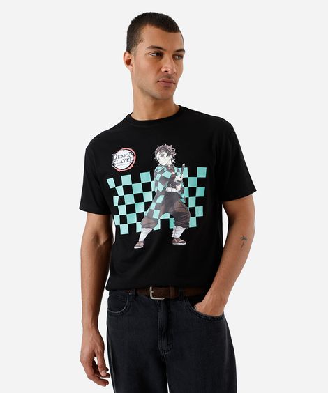 camiseta masculina de algodão demon slayer preta