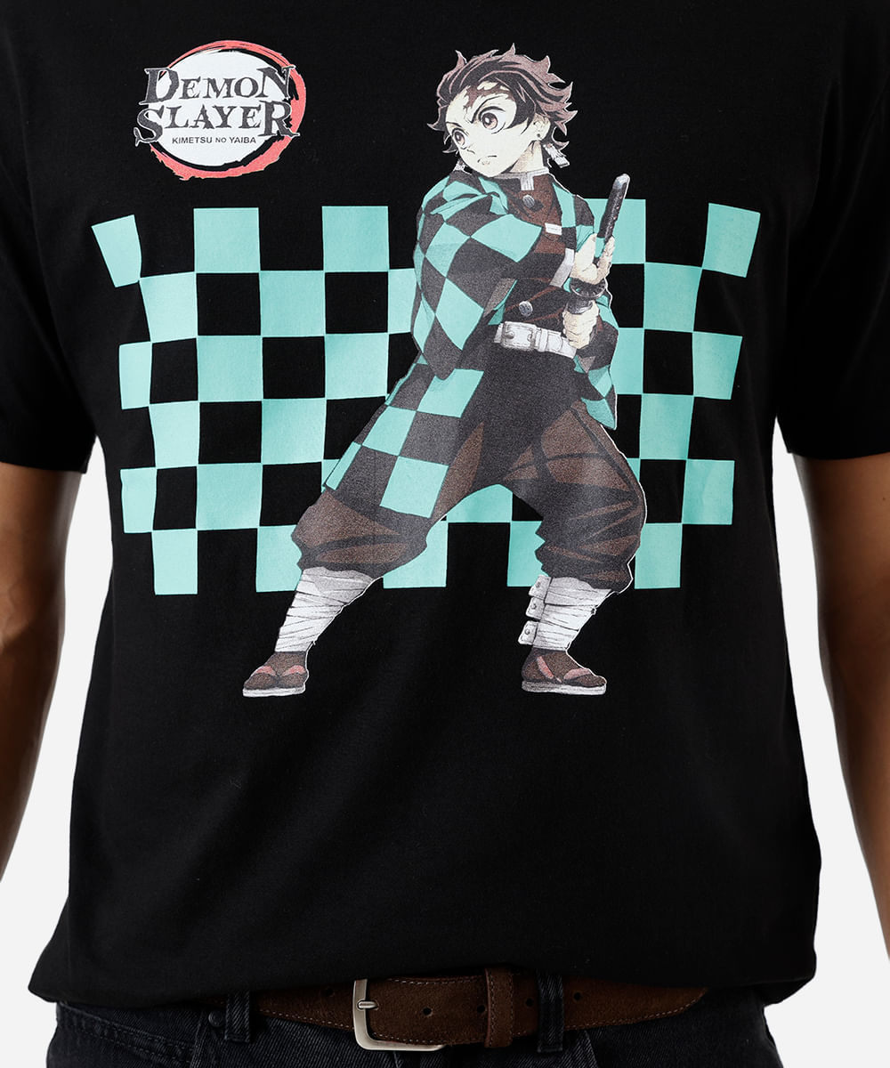camiseta masculina de algodão demon slayer preta