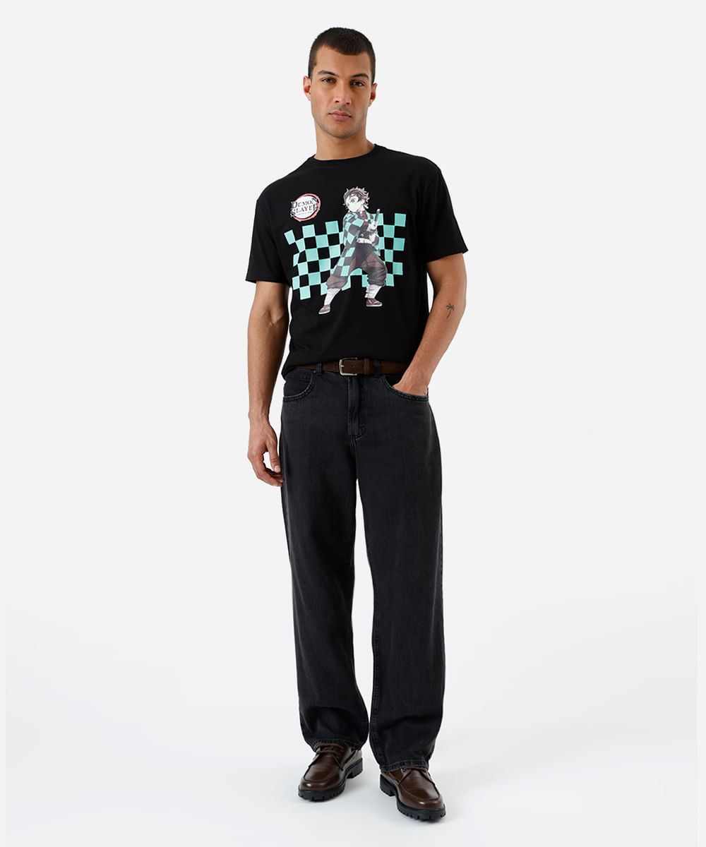 camiseta masculina de algodão demon slayer preta