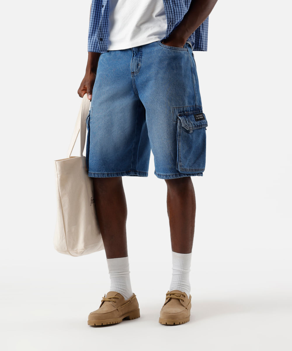 bermuda cargo masculina jeans azul