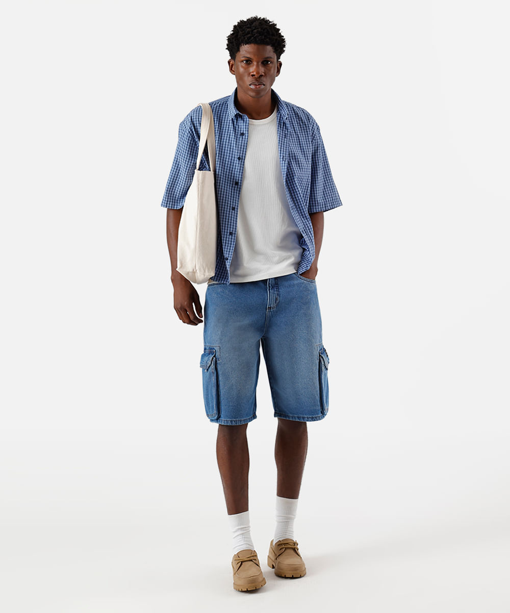 bermuda cargo masculina jeans azul