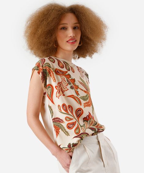 blusa feminina de viscose folhagens bege