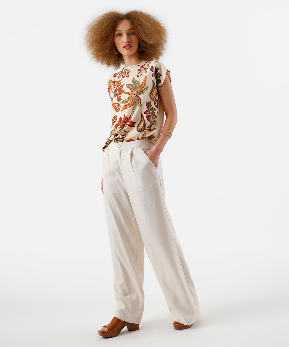 blusa feminina de viscose folhagens bege