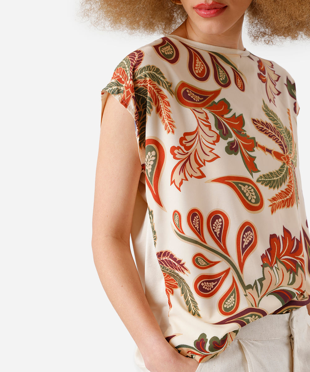 blusa feminina de viscose folhagens bege