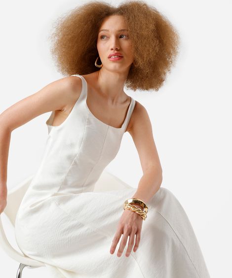 vestido midi feminino evasê de viscose com recortes texturizado off white