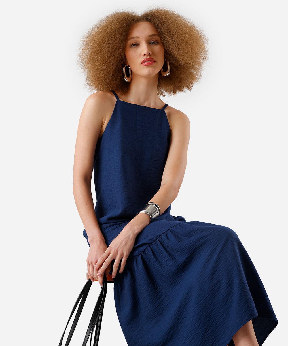 vestido midi feminino de viscose com recorte texturizado azul