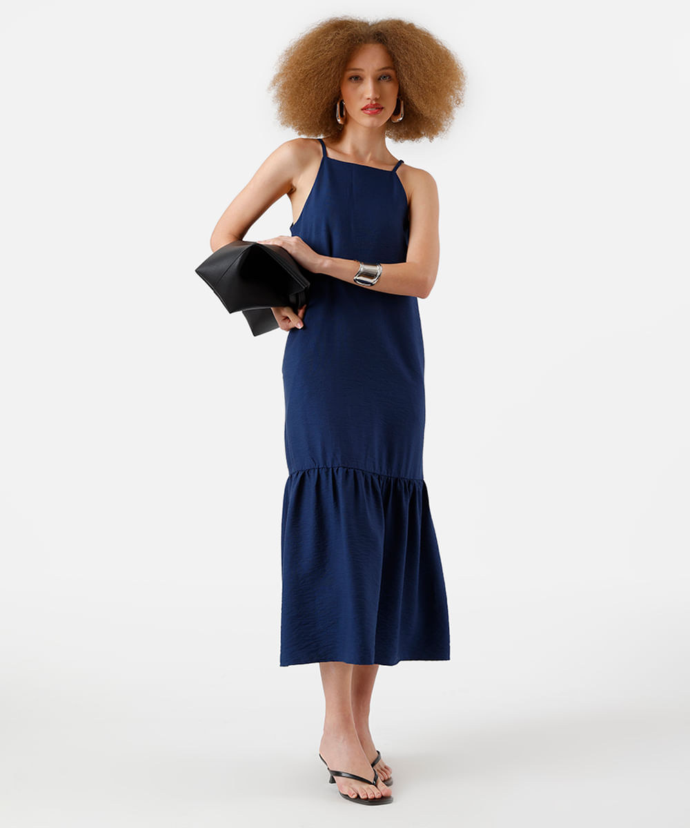 vestido midi feminino de viscose com recorte texturizado azul