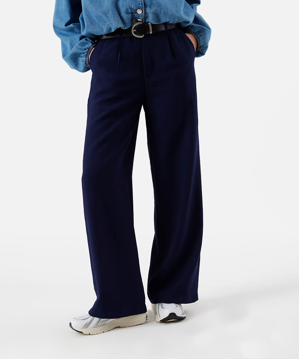 calça wide leg feminina com viscose cós elástico azul