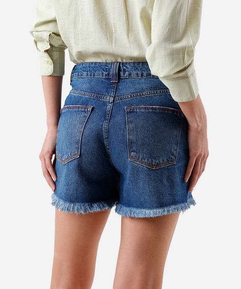 short feminino jeans cintura alta destroyed azul