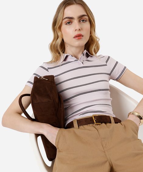 polo feminina básica canelada listrada lilás