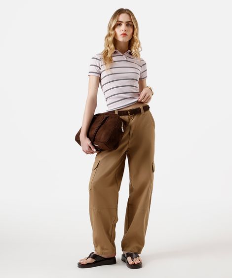 polo feminina básica canelada listrada lilás