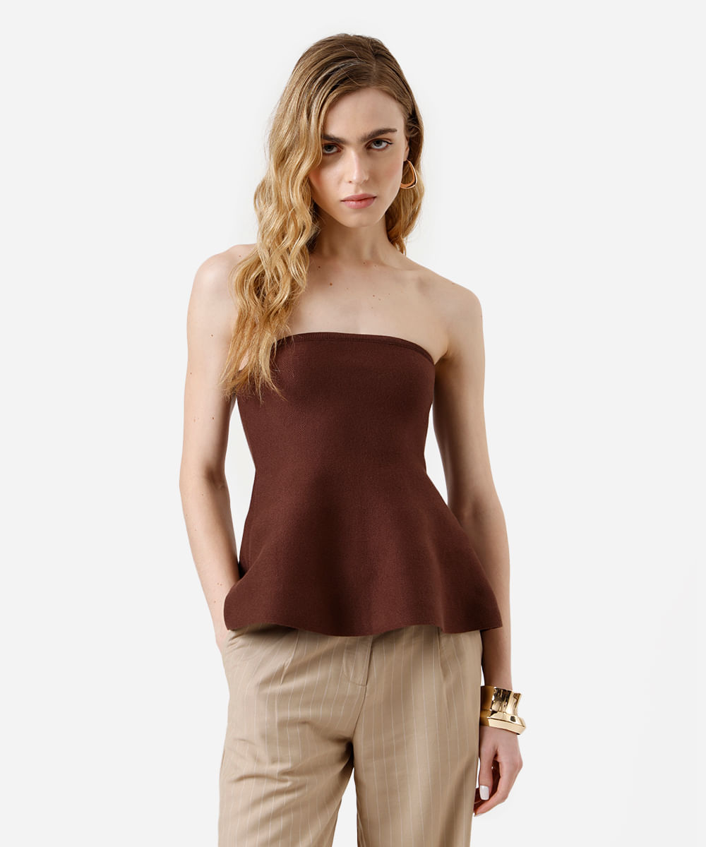 blusa peplum feminina de tricot sem alça marrom