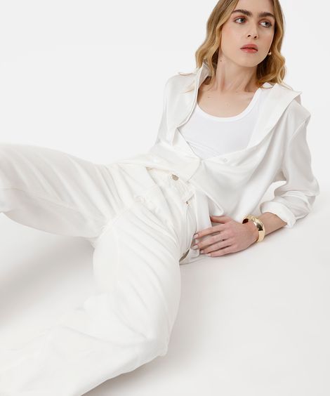 calça wide leg slim feminina jeans cintura alta off white