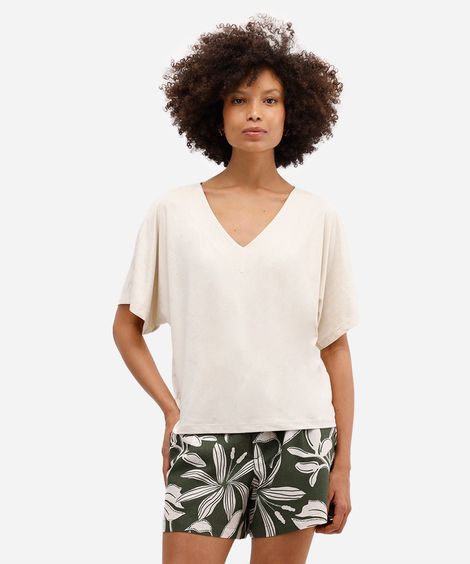 blusa feminina de suede decote v bege