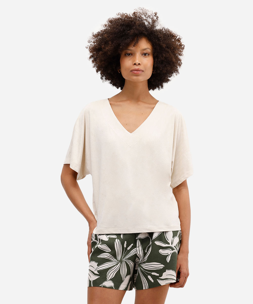 blusa feminina de suede decote v bege