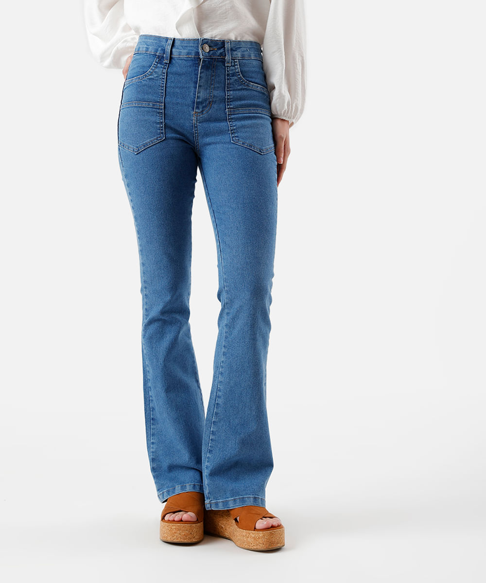 calça flare feminina jeans cintura alta sawary azul