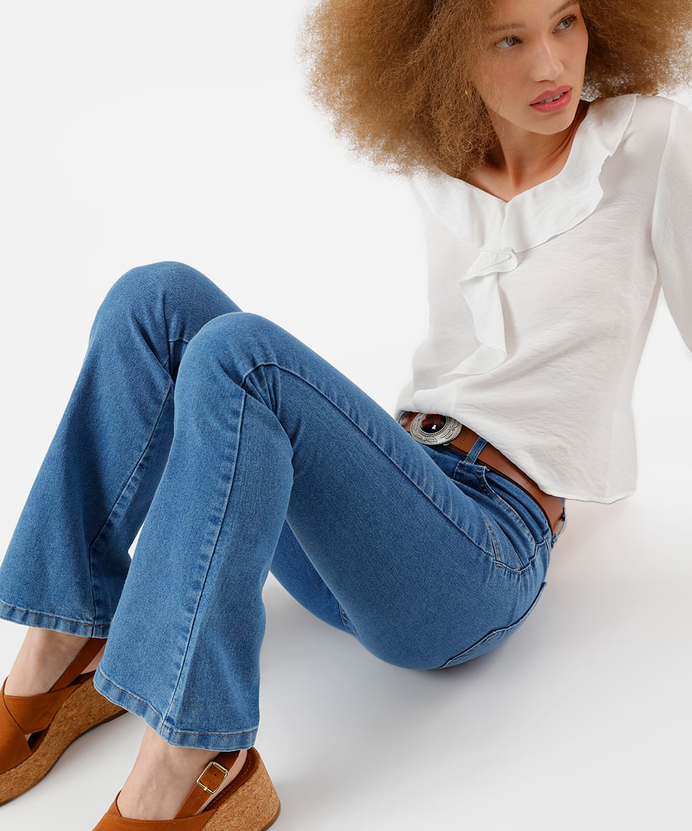 calça flare feminina jeans cintura alta sawary azul