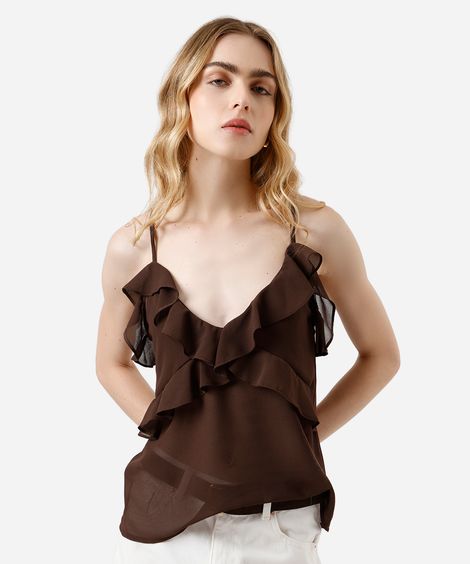 regata feminina alça fina com babados  marrom