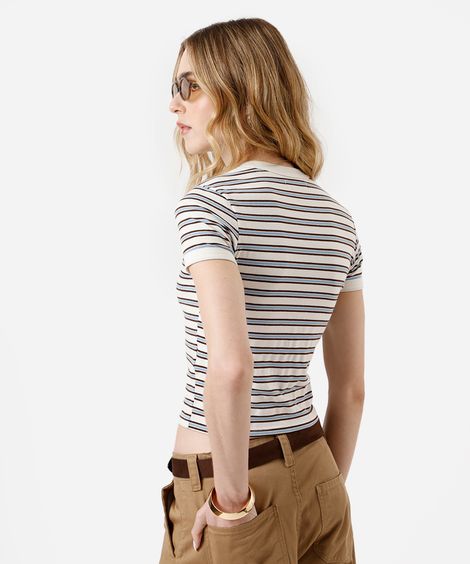 blusa baby look feminina básica listrada off white