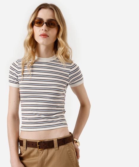 blusa baby look feminina básica listrada off white