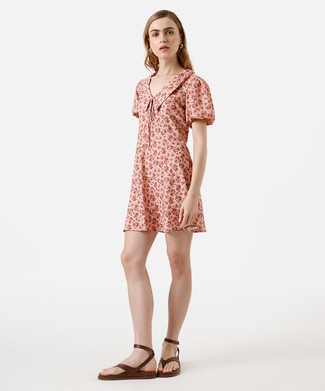 vestido curto feminino gola peter pan manga bufante floral rosa