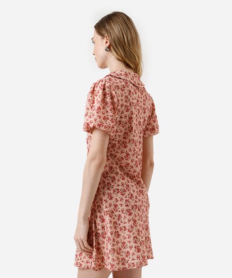 vestido curto feminino gola peter pan manga bufante floral rosa