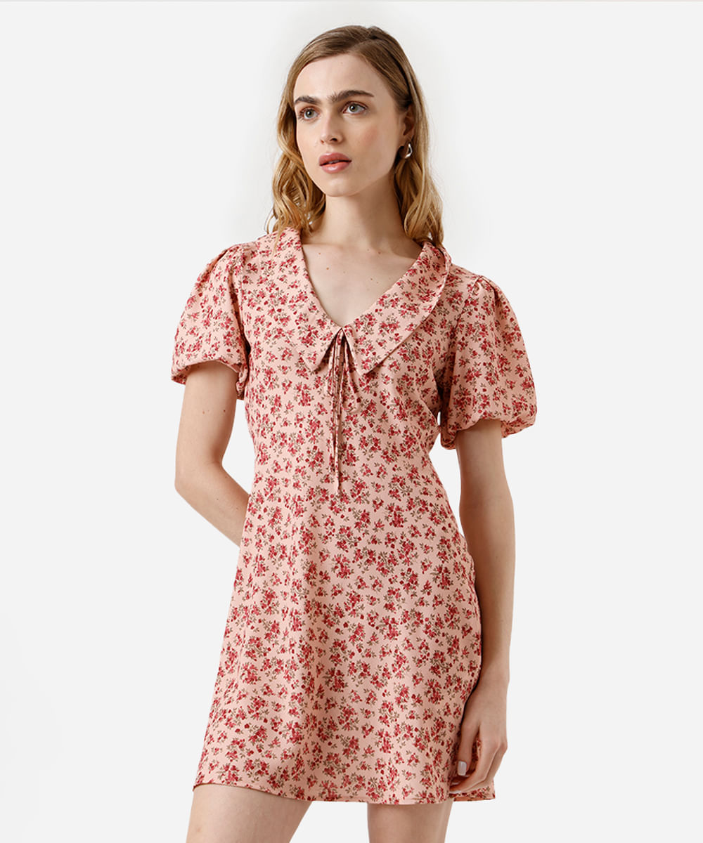 vestido curto feminino gola peter pan manga bufante floral rosa