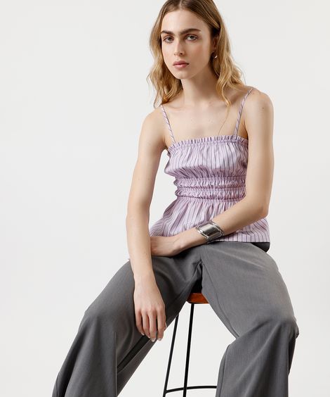 bata feminina alça fina franzida listrada lilás