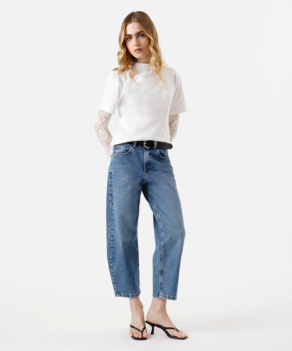 calça baggy feminina jeans cintura alta - jeans medio