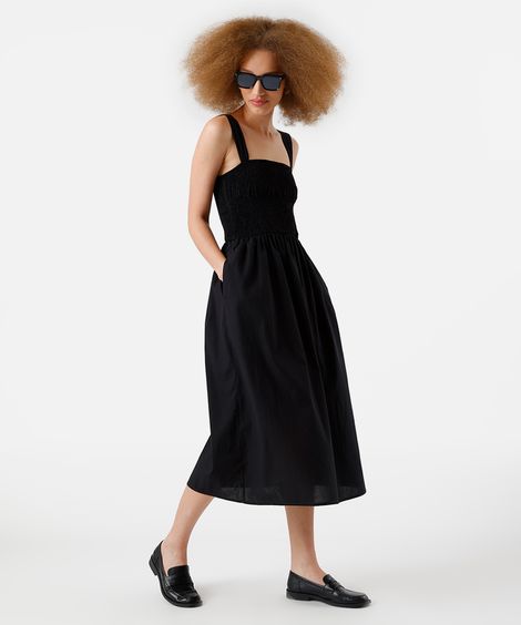 vestido midi feminino de algodão franzido preto