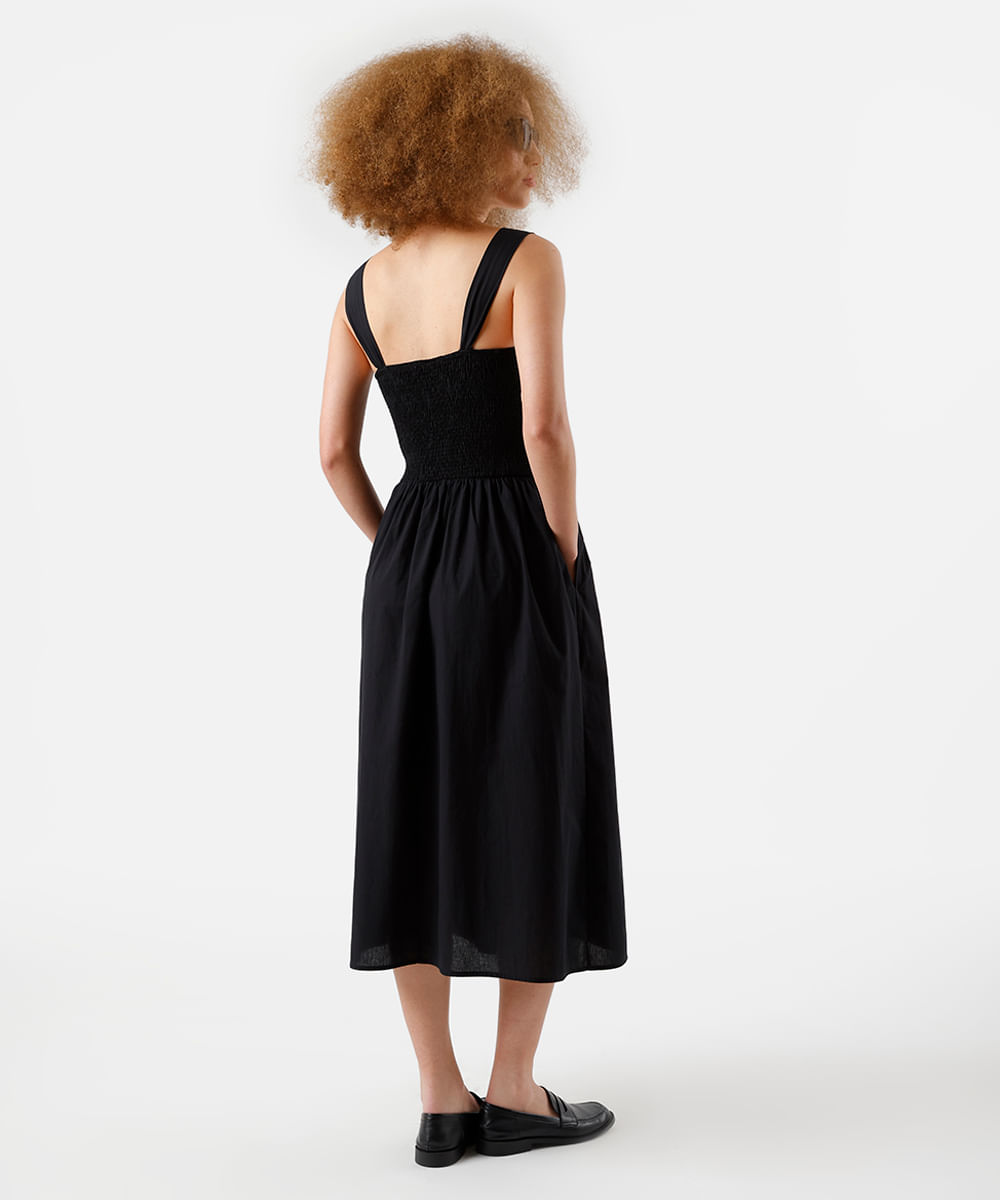 vestido midi feminino de algodão franzido preto