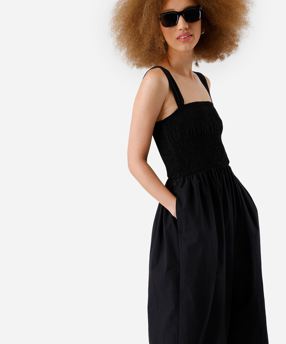 vestido midi feminino de algodão franzido preto