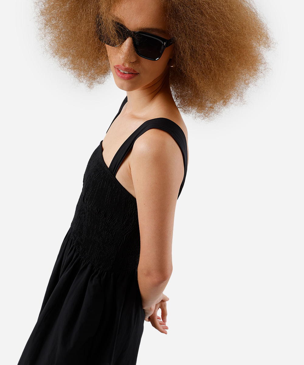 vestido midi feminino de algodão franzido preto