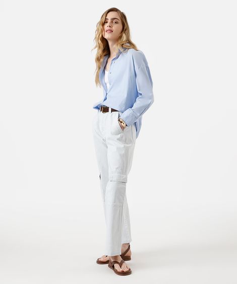 calça wide leg slim feminina de sarja com bolsos listrada azul