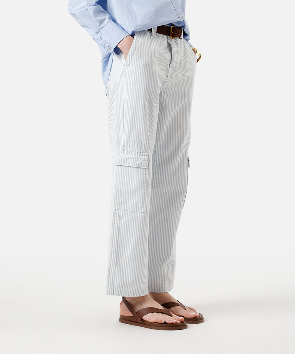 calça wide leg slim feminina de sarja com bolsos listrada azul