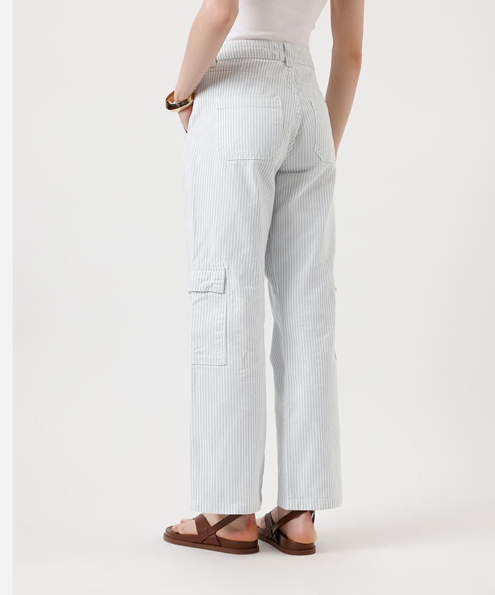 calça wide leg slim feminina de sarja com bolsos listrada azul