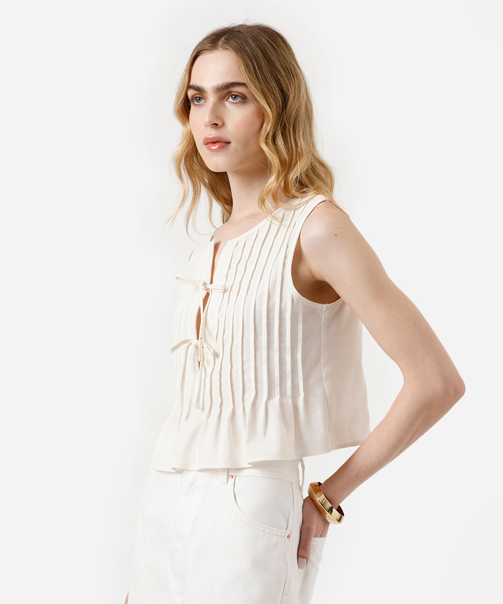 blusa feminina com linho e pregas off white