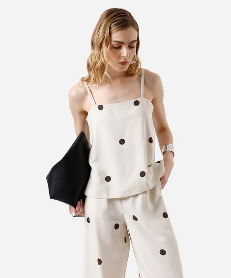 blusa feminina alça fina com linho poá bege