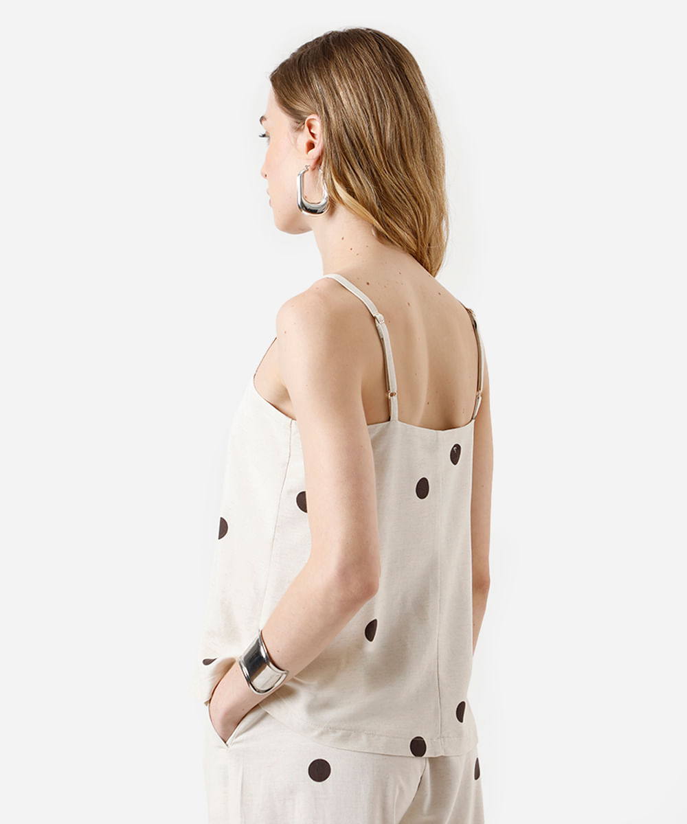 blusa feminina alça fina com linho poá bege