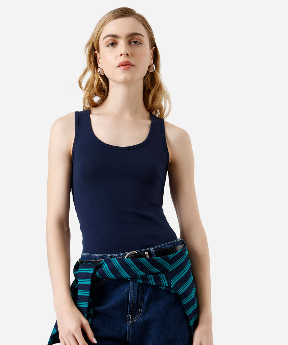 regata básica feminina de algodão decote redondo azul