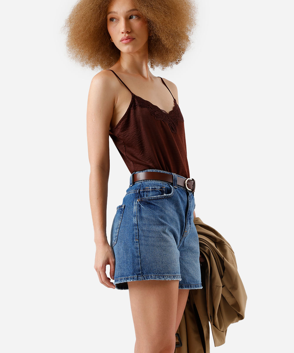 short feminino jeans cintura alta - jeans medio