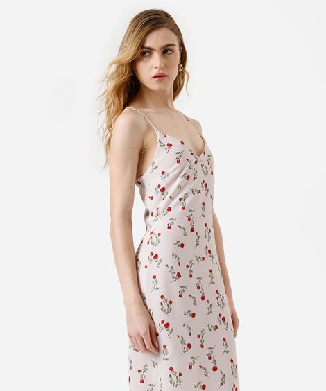 vestido midi feminino alça fina com fenda floral bege