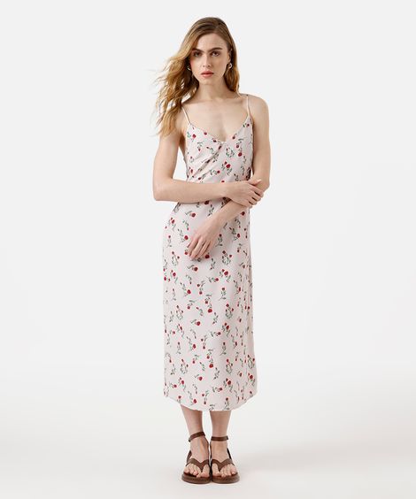 vestido midi feminino alça fina com fenda floral bege