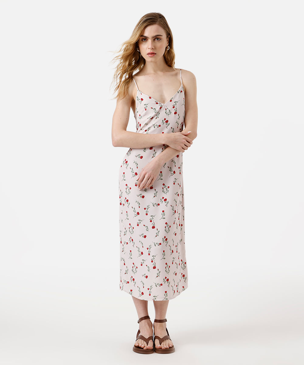 vestido midi feminino alça fina com fenda floral bege