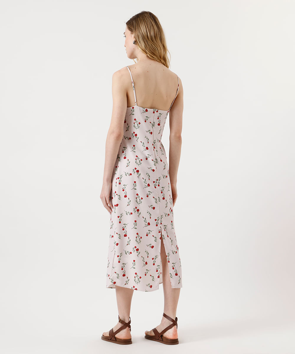 vestido midi feminino alça fina com fenda floral bege