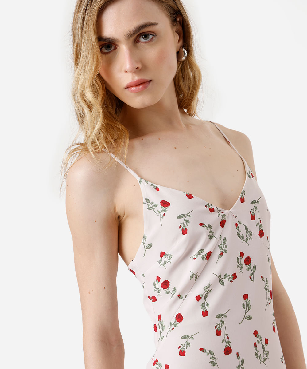 vestido midi feminino alça fina com fenda floral bege