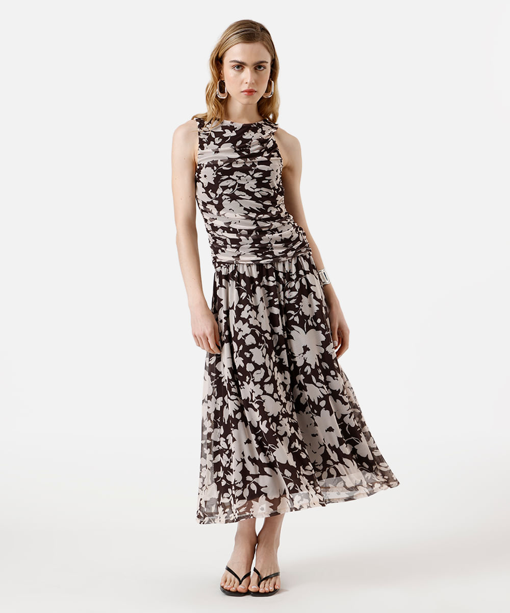 vestido midi feminino de tule franzido floral marrom