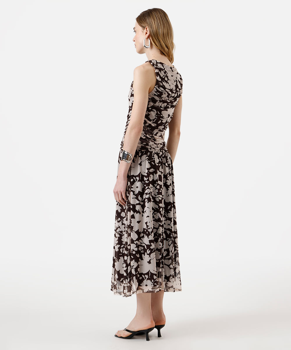 vestido midi feminino de tule franzido floral marrom