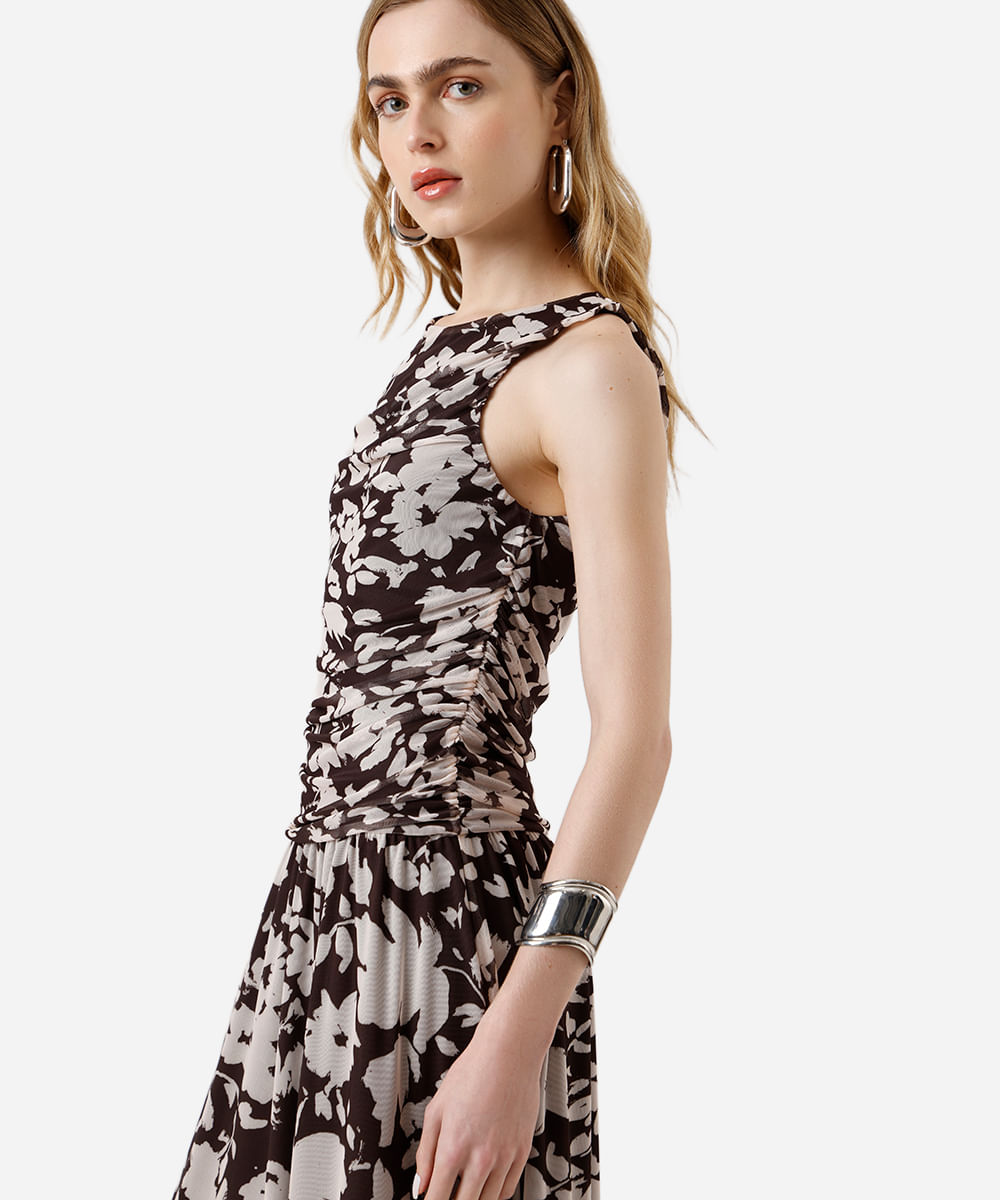 vestido midi feminino de tule franzido floral marrom